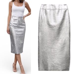 Zara NEW Silver Metallic Midi Distressed Pencil Skirt TikTok Viral Night Out